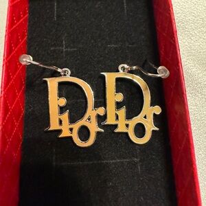 Christian Dior “Dior” Logo Tan with Silver Tone Earrings
